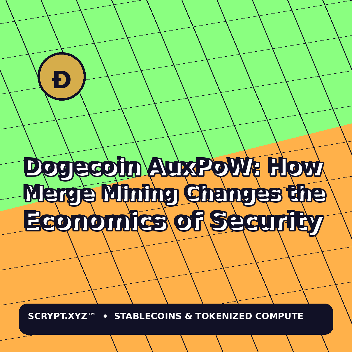 Dogecoin AuxPoW: How Merge Mining Changes the Economics of Security — colorful Scrypt.xyz tokenized compute market illustration
