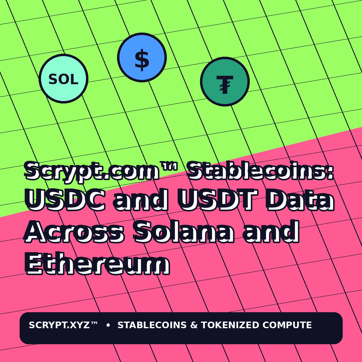 Scrypt.com™ Stablecoins: USDC and USDT Data Across Solana and Ethereum — colorful Scrypt.xyz tokenized compute market illustration